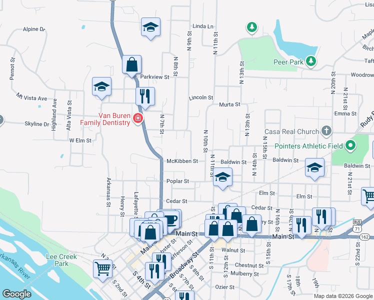 map of restaurants, bars, coffee shops, grocery stores, and more near 901 McKibben Street in Van Buren