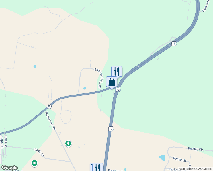 map of restaurants, bars, coffee shops, grocery stores, and more near 9129 Tennessee 20 in Mount Pleasant