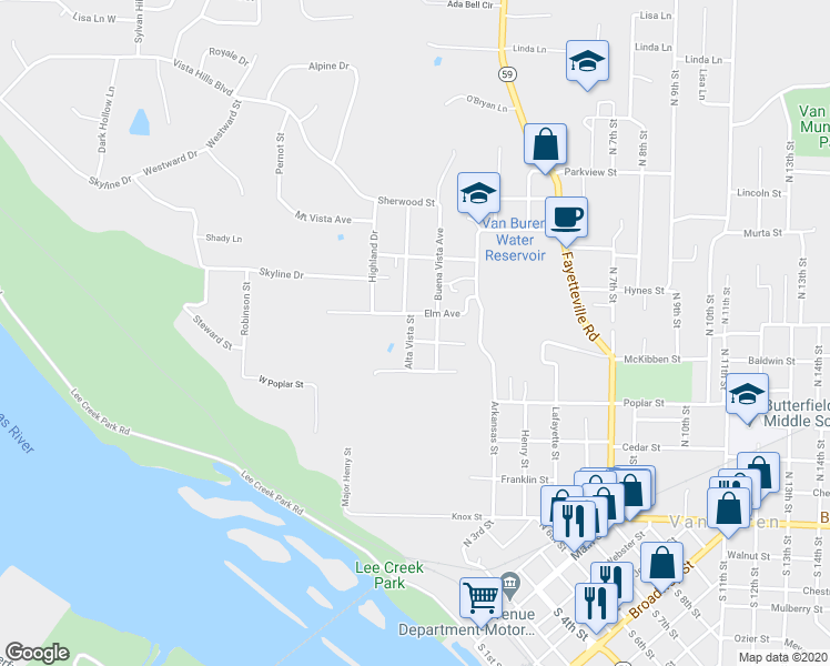 map of restaurants, bars, coffee shops, grocery stores, and more near 403 Alta Vista Avenue in Van Buren