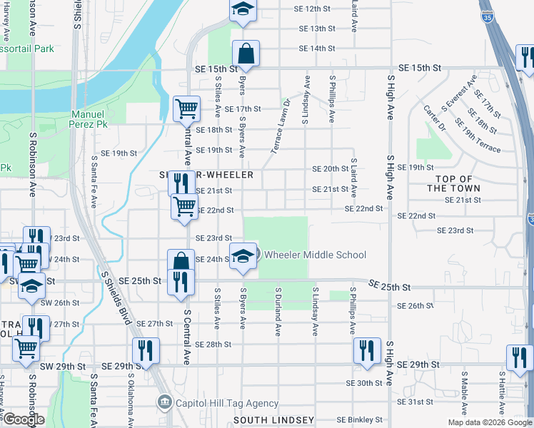 map of restaurants, bars, coffee shops, grocery stores, and more near 641 Southeast 25th Street in Oklahoma City