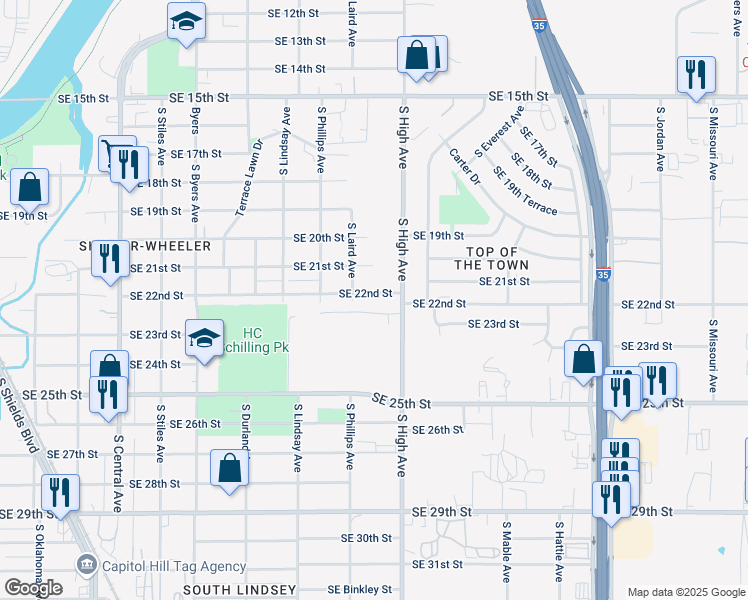map of restaurants, bars, coffee shops, grocery stores, and more near 2501 South High Avenue in Oklahoma City