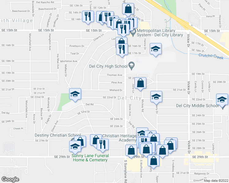 map of restaurants, bars, coffee shops, grocery stores, and more near 4008 Mallard Drive in Del City
