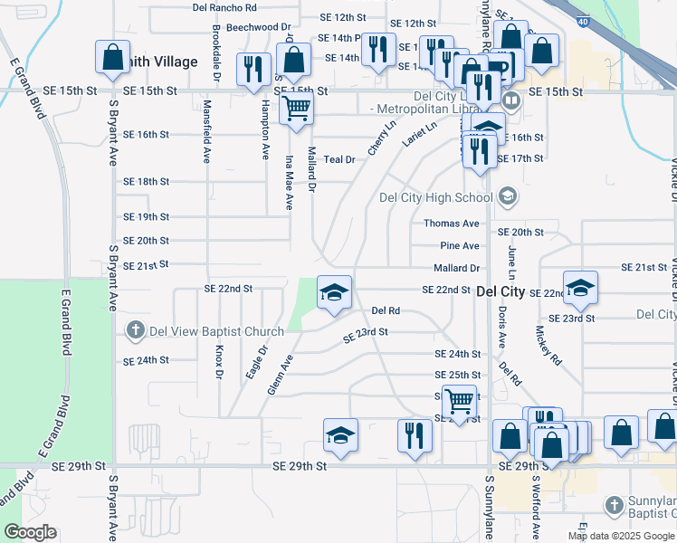 map of restaurants, bars, coffee shops, grocery stores, and more near 3612 Mallard Drive in Del City