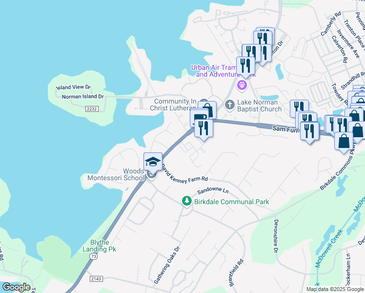 map of restaurants, bars, coffee shops, grocery stores, and more near 7716 Royal Park Lane in Huntersville