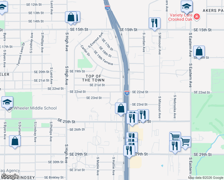 map of restaurants, bars, coffee shops, grocery stores, and more near 1241 Southeast 21st Street in Oklahoma City