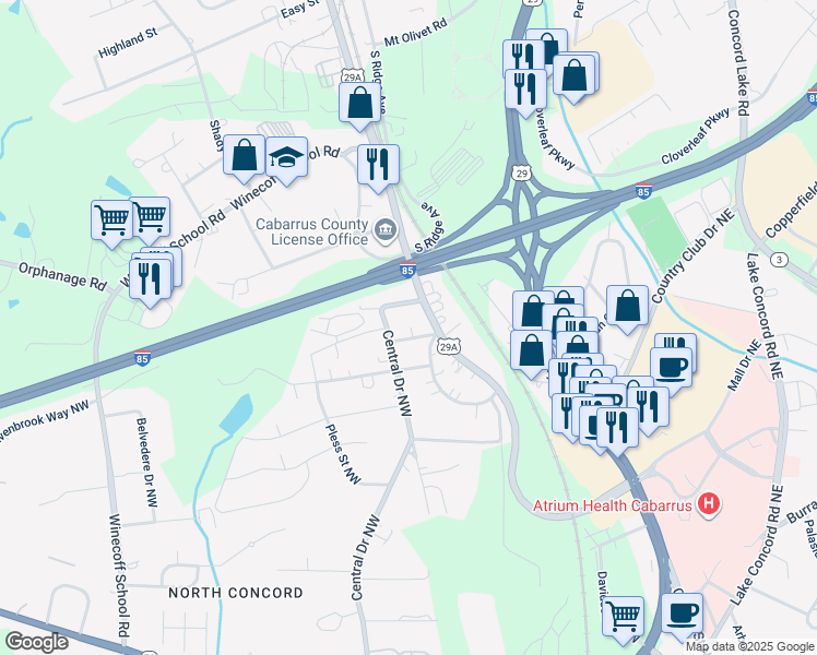 map of restaurants, bars, coffee shops, grocery stores, and more near 7 Mills Avenue Northwest in Concord