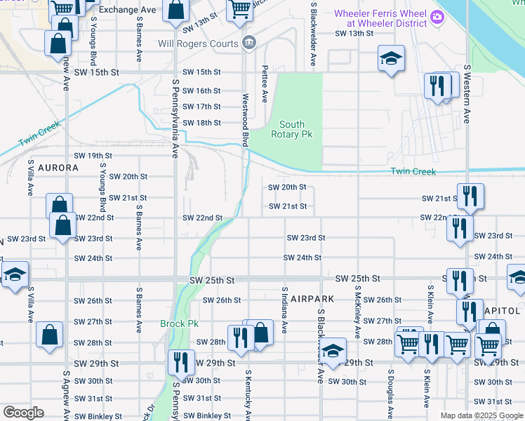 map of restaurants, bars, coffee shops, grocery stores, and more near 2211 South Kentucky Place in Oklahoma City