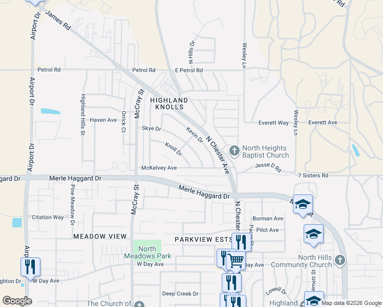 map of restaurants, bars, coffee shops, grocery stores, and more near 4400 Skye Drive in Bakersfield