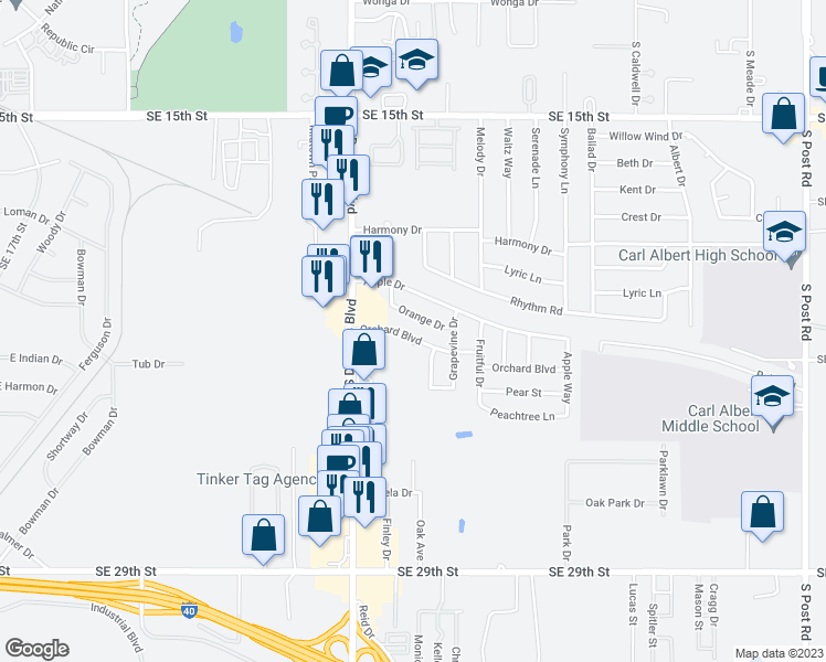 map of restaurants, bars, coffee shops, grocery stores, and more near 9201 Orchard Boulevard in Midwest City