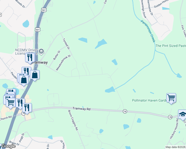 map of restaurants, bars, coffee shops, grocery stores, and more near 2100 Brantley Road in Sanford