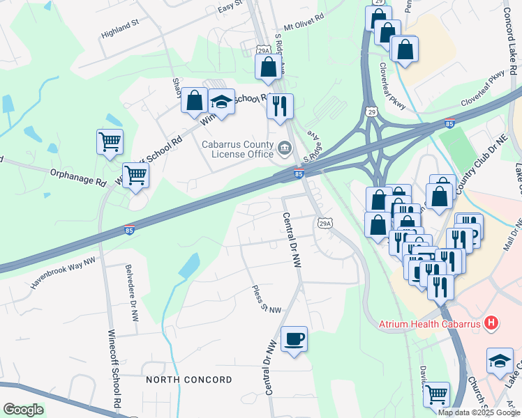 map of restaurants, bars, coffee shops, grocery stores, and more near 168 Emery Avenue Northwest in Concord