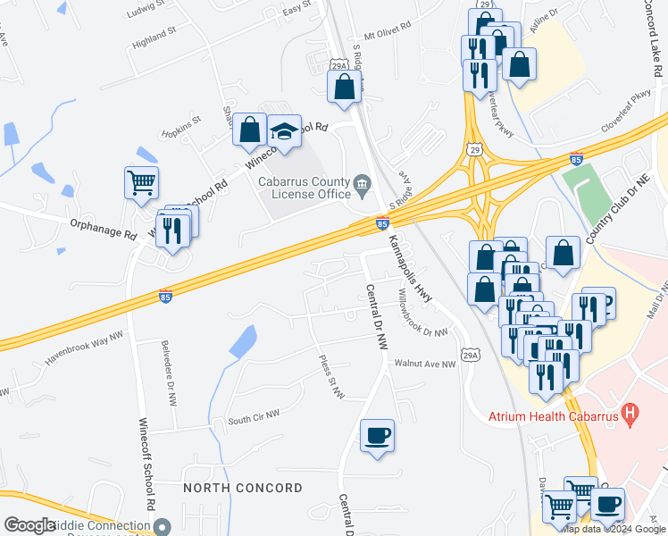 map of restaurants, bars, coffee shops, grocery stores, and more near 168 Emery Avenue Northwest in Concord
