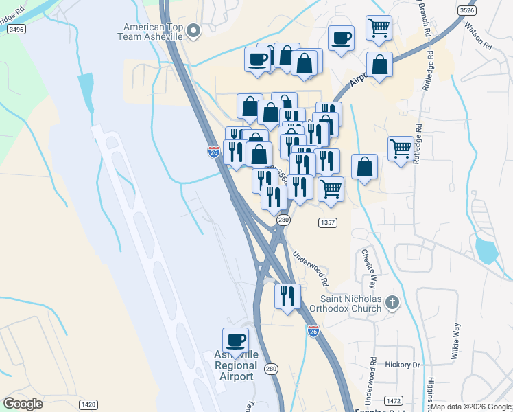 map of restaurants, bars, coffee shops, grocery stores, and more near 550 Airport Road in Arden