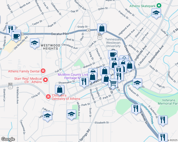 map of restaurants, bars, coffee shops, grocery stores, and more near West College Street in Athens