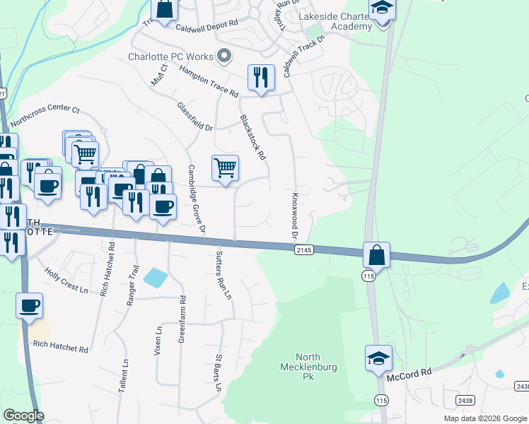 map of restaurants, bars, coffee shops, grocery stores, and more near 10317 Grosson Court in Huntersville