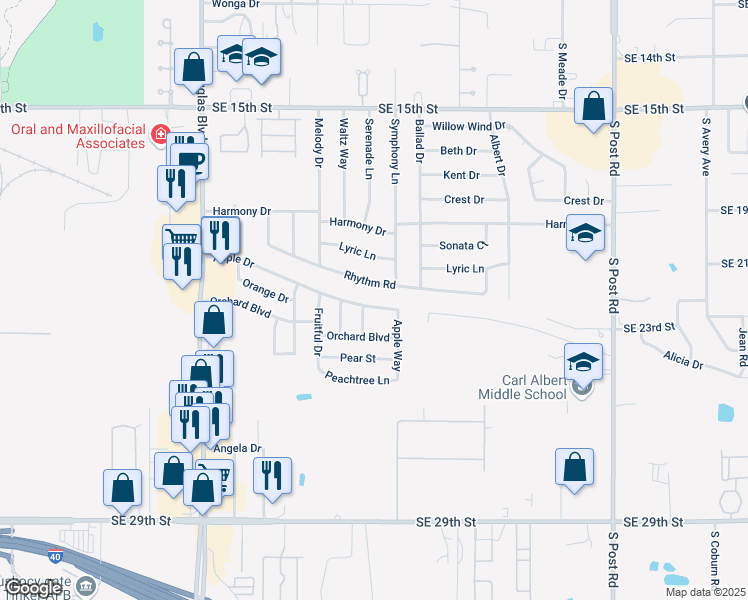 map of restaurants, bars, coffee shops, grocery stores, and more near 9416 Rhythm Road in Midwest City