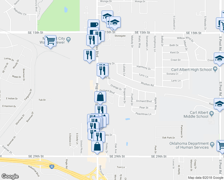 map of restaurants, bars, coffee shops, grocery stores, and more near 9129 Orchard Boulevard in Oklahoma City
