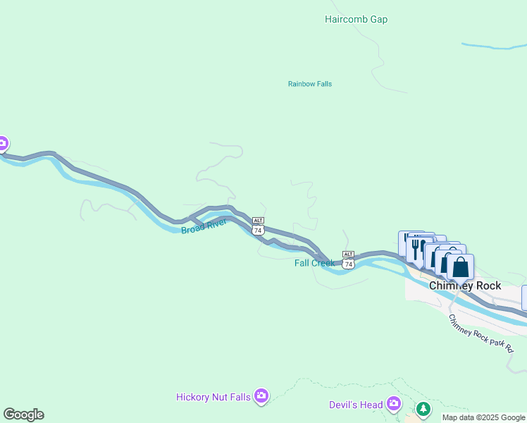 map of restaurants, bars, coffee shops, grocery stores, and more near 142 Bent Creek Boulevard in Lake Lure
