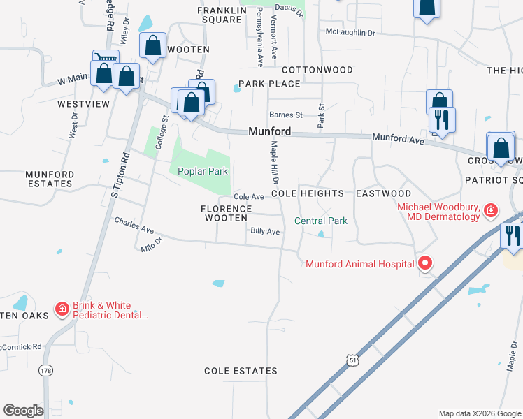 map of restaurants, bars, coffee shops, grocery stores, and more near 72 Mary Avenue in Munford