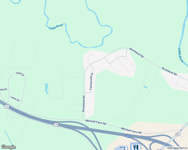 map of restaurants, bars, coffee shops, grocery stores, and more near 120 Farnsworth Drive in Goldsboro