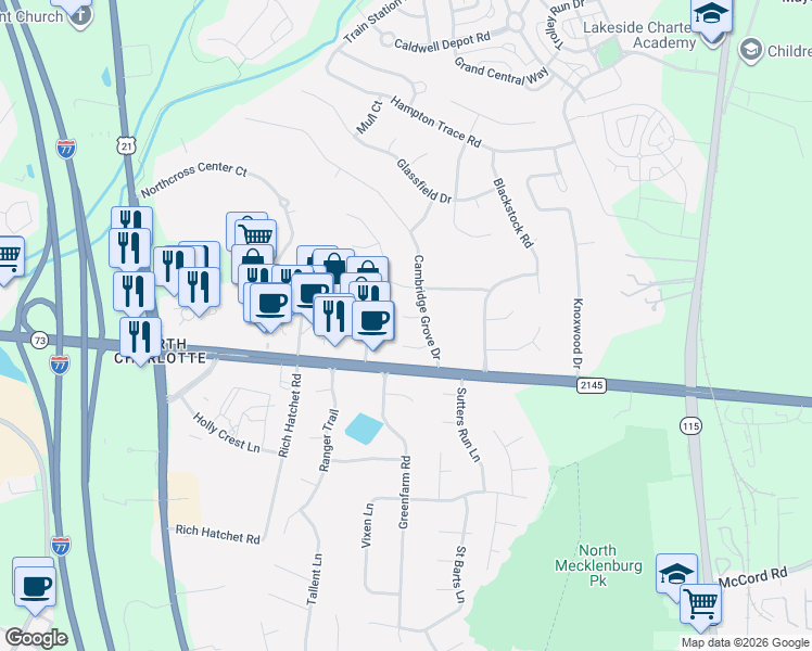 map of restaurants, bars, coffee shops, grocery stores, and more near 10109 Truitt Court in Huntersville