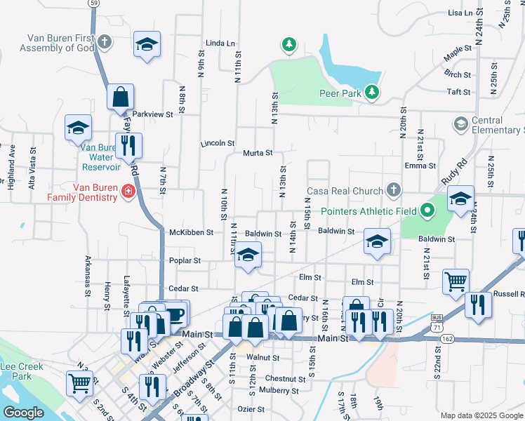 map of restaurants, bars, coffee shops, grocery stores, and more near 319 North 12th Street in Van Buren