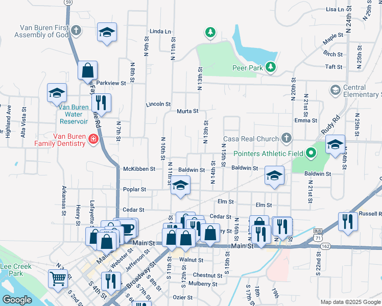 map of restaurants, bars, coffee shops, grocery stores, and more near 319 North 12th Street in Van Buren