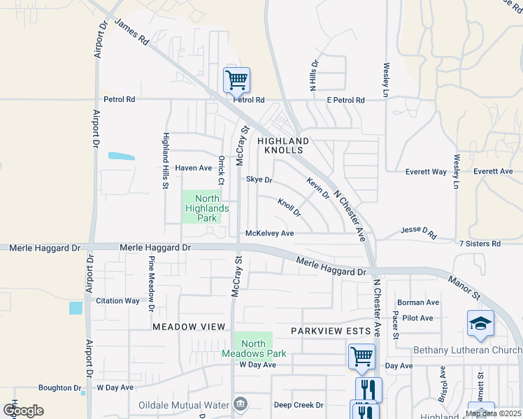 map of restaurants, bars, coffee shops, grocery stores, and more near 4601 Knoll Drive in Bakersfield