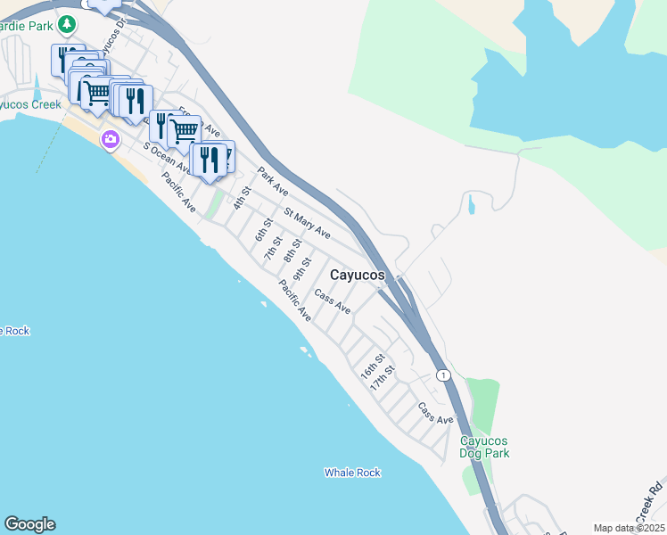 map of restaurants, bars, coffee shops, grocery stores, and more near 920 South Ocean Avenue in Cayucos