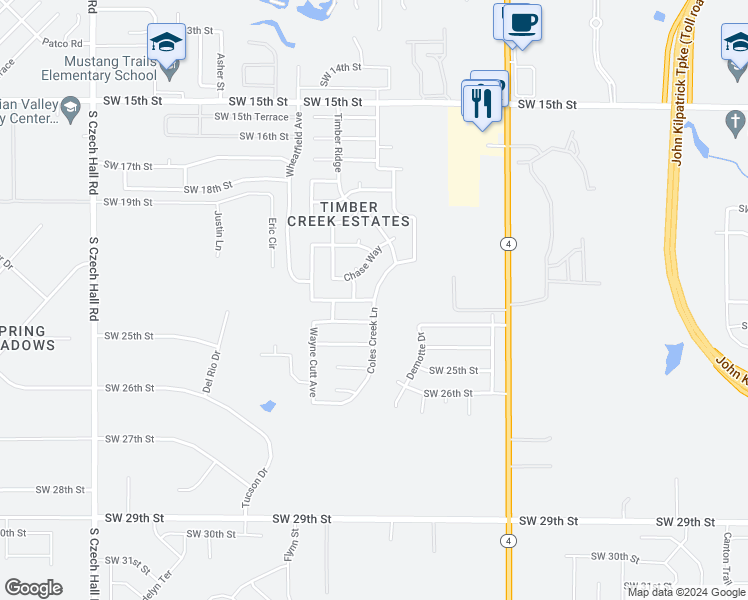 map of restaurants, bars, coffee shops, grocery stores, and more near 10213 Southwest 24th Terrace in Yukon