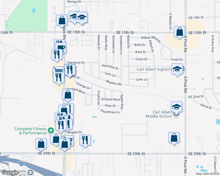 map of restaurants, bars, coffee shops, grocery stores, and more near 9416 Rhythm Road in Midwest City