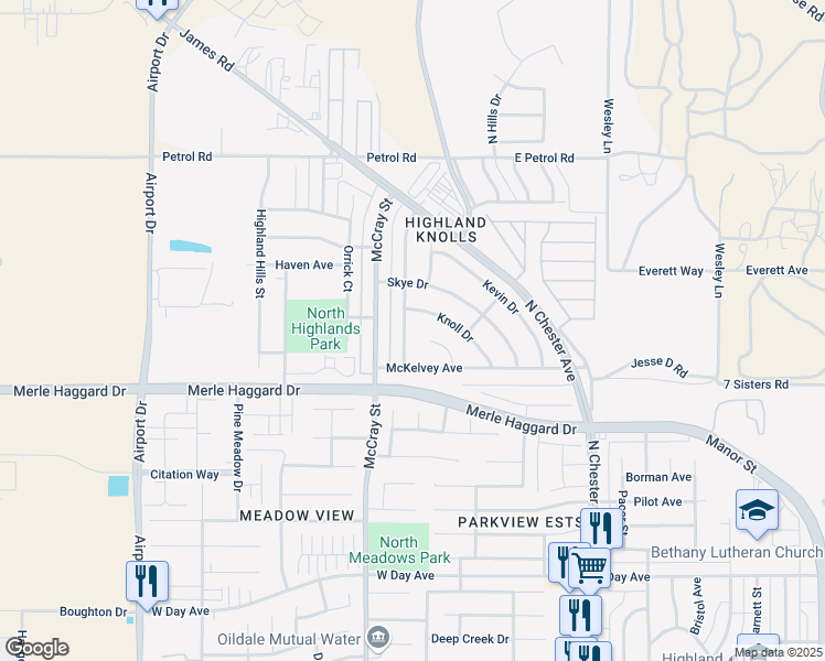 map of restaurants, bars, coffee shops, grocery stores, and more near 4601 Knoll Drive in Bakersfield