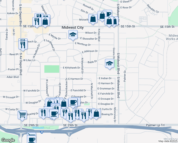 map of restaurants, bars, coffee shops, grocery stores, and more near 313 East Jacobs Drive in Midwest City