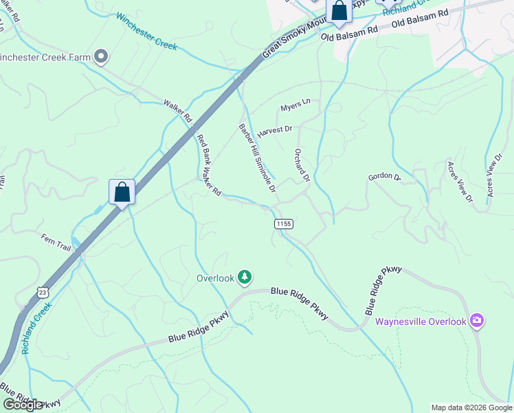 map of restaurants, bars, coffee shops, grocery stores, and more near 355 Red Bank Road in Waynesville