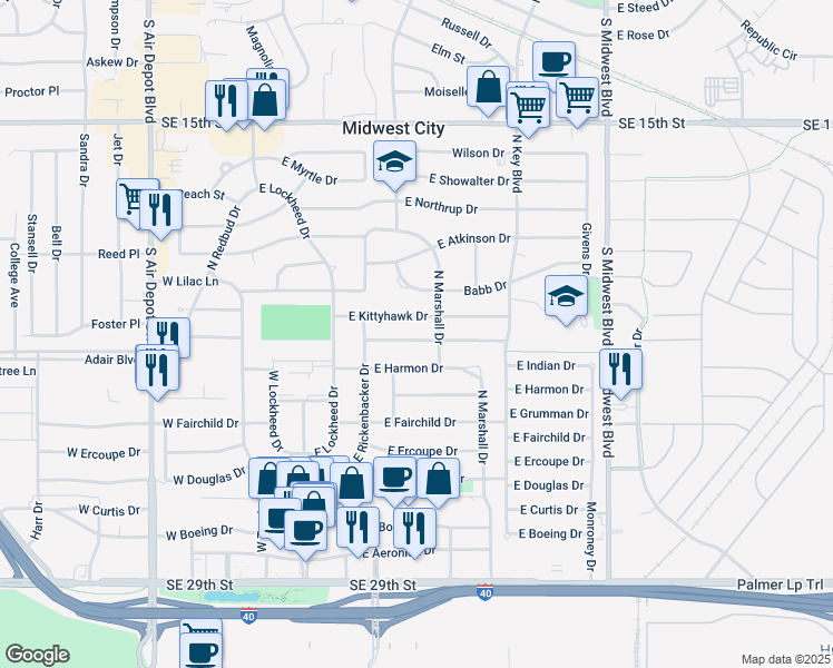 map of restaurants, bars, coffee shops, grocery stores, and more near 214 East Kittyhawk Drive in Midwest City
