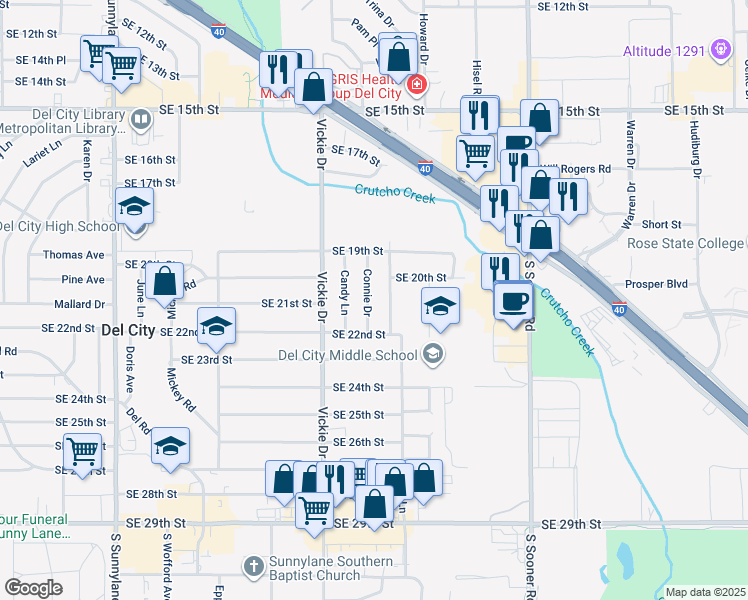 map of restaurants, bars, coffee shops, grocery stores, and more near 2113 Connie Drive in Del City