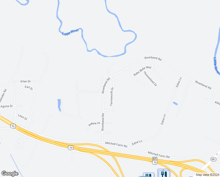 map of restaurants, bars, coffee shops, grocery stores, and more near 119 Farnsworth Drive in Goldsboro