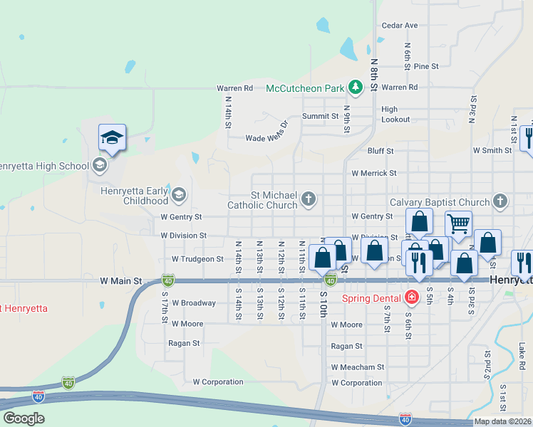 map of restaurants, bars, coffee shops, grocery stores, and more near 401 North 12th Street in Henryetta