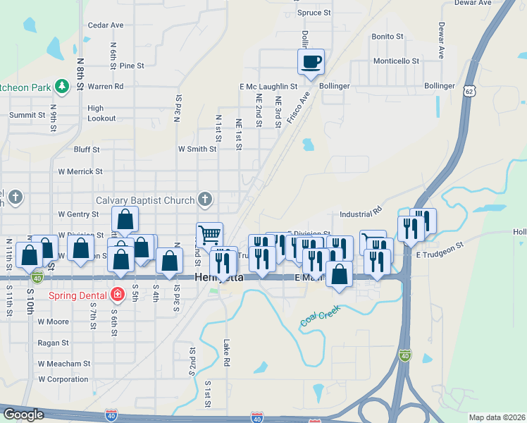 map of restaurants, bars, coffee shops, grocery stores, and more near North B Street in Henryetta