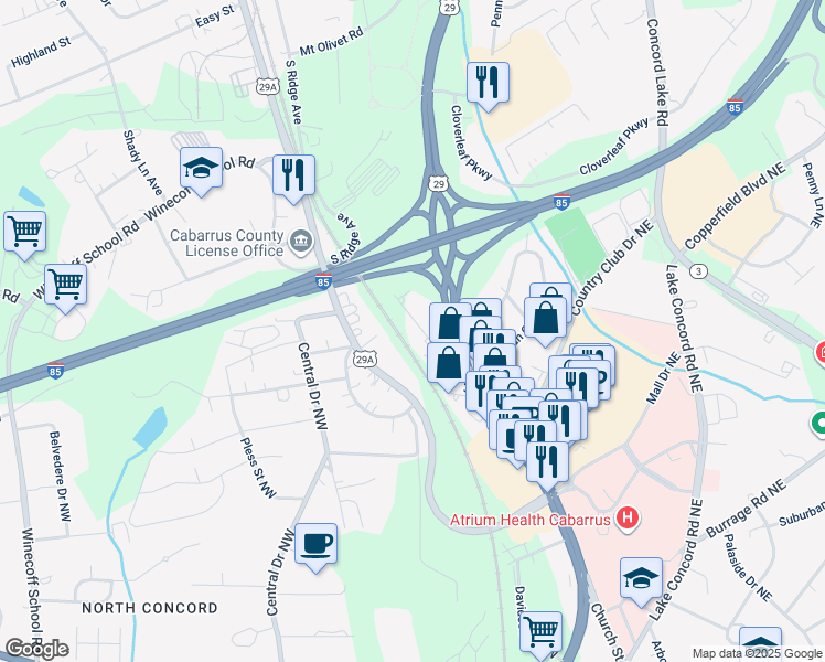 map of restaurants, bars, coffee shops, grocery stores, and more near 81 Transit Court Northwest in Concord