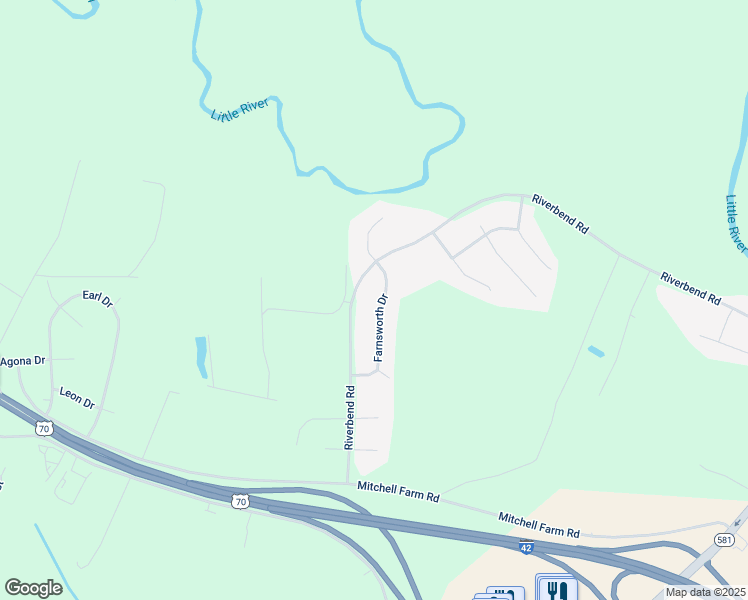 map of restaurants, bars, coffee shops, grocery stores, and more near 119 Farnsworth Drive in Goldsboro