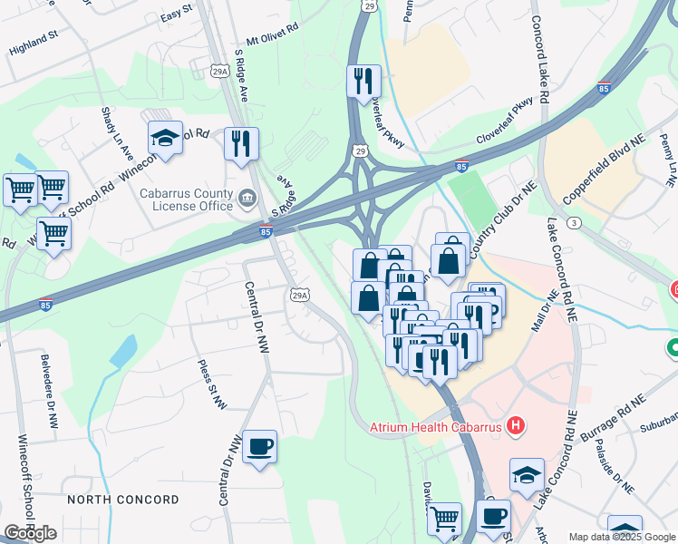 map of restaurants, bars, coffee shops, grocery stores, and more near 81 Transit Court Northwest in Concord