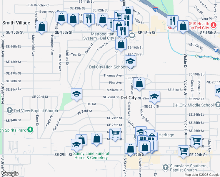 map of restaurants, bars, coffee shops, grocery stores, and more near 3933 Mallard Drive in Del City