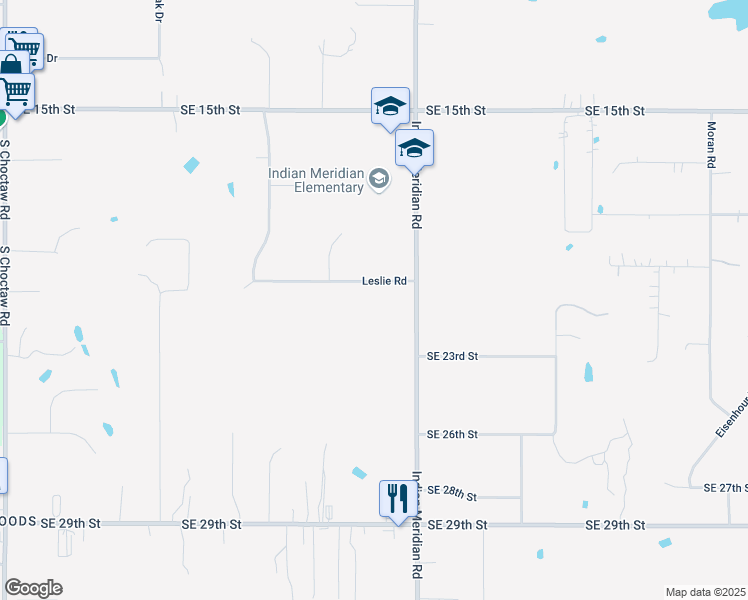 map of restaurants, bars, coffee shops, grocery stores, and more near 15890 Leslie Road in Choctaw