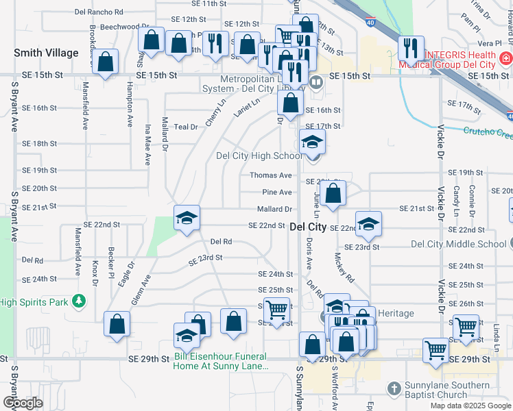 map of restaurants, bars, coffee shops, grocery stores, and more near 3921 Mallard Drive in Del City