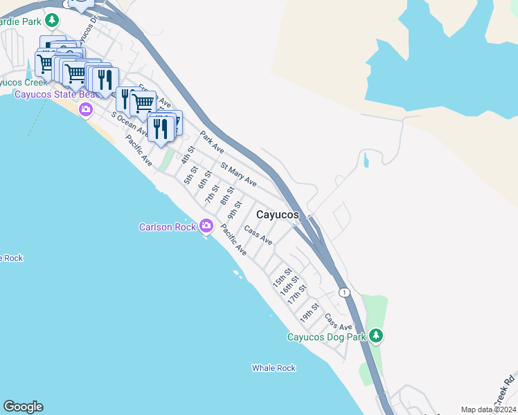 map of restaurants, bars, coffee shops, grocery stores, and more near 920 South Ocean Avenue in Cayucos