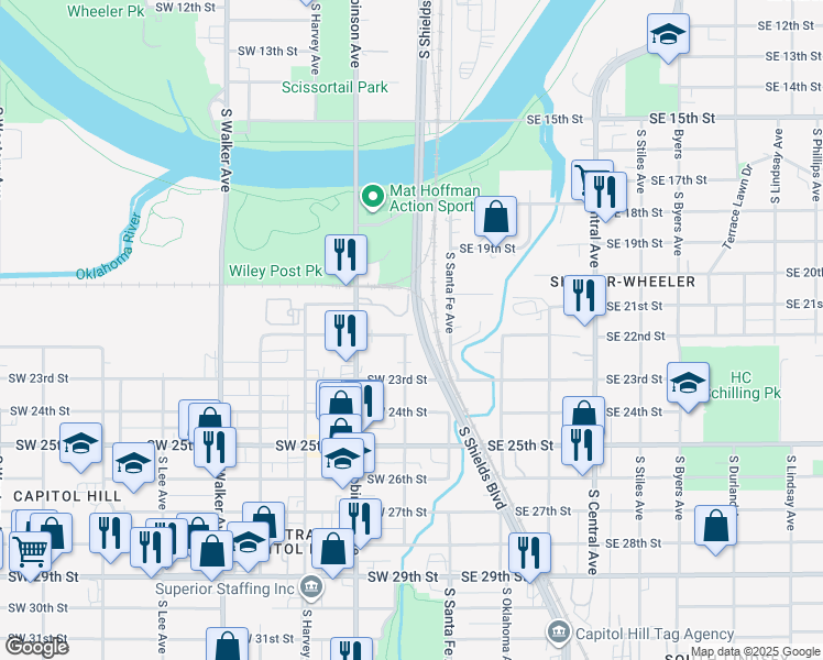map of restaurants, bars, coffee shops, grocery stores, and more near 2205 South Santa Fe Avenue in Oklahoma City