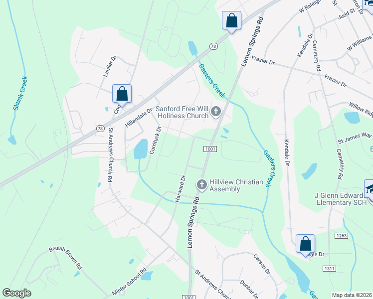 map of restaurants, bars, coffee shops, grocery stores, and more near 3112 Harward Drive in Sanford
