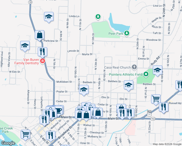 map of restaurants, bars, coffee shops, grocery stores, and more near 1205 Dechard Street in Van Buren
