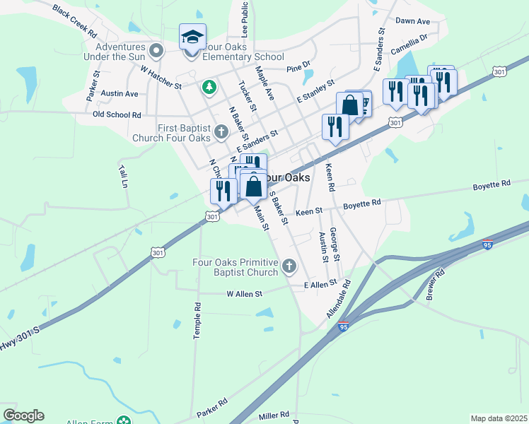 map of restaurants, bars, coffee shops, grocery stores, and more near 207 South Main Street in Four Oaks